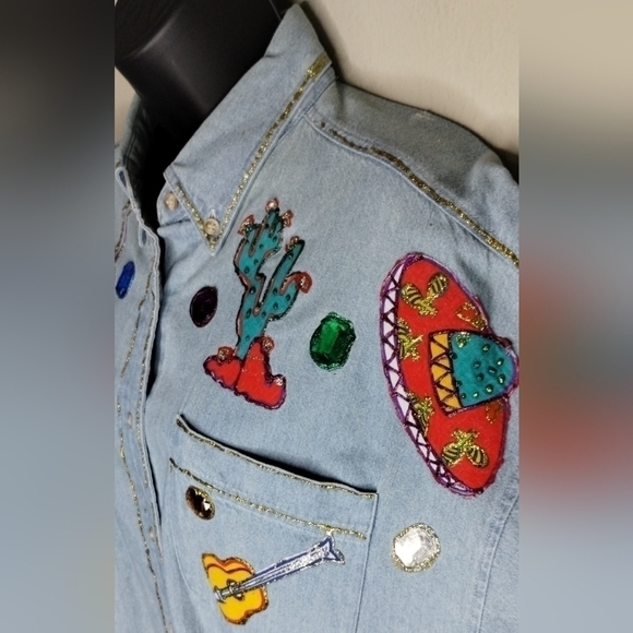 VINTAGE 80s Forenza Women's Large Tunic Shirt Chambray Denim Southwestern Relax - Picture 3 of 9